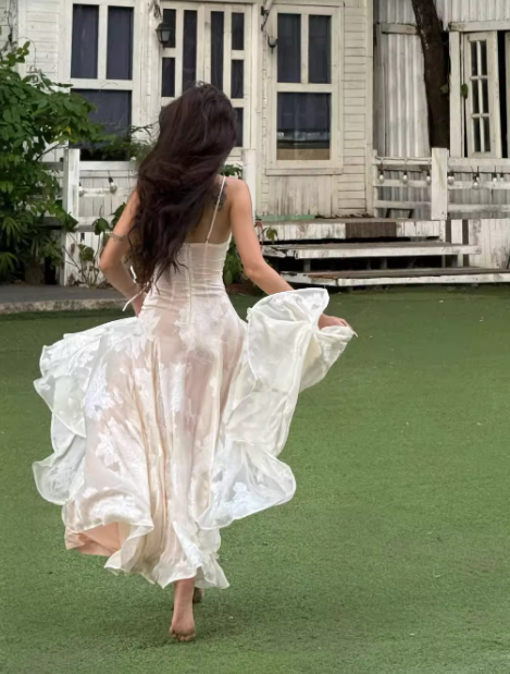 Elegant A Line Spaghetti Strap Print Floral Satin Long Party Dress Wedding Guest Dress SH3154