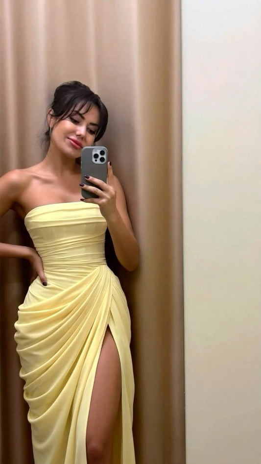 Light Yellow Sheath Strapless Pleated Chiffon Prom Dress Evening Dress with Slit SH8331