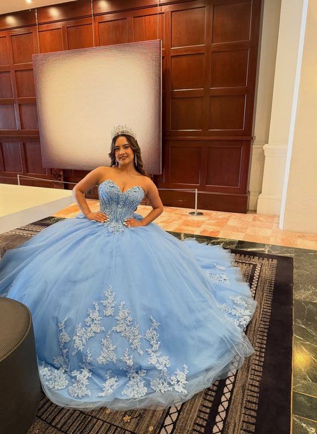 Sweety Blue Ball Gown Applique Blue Lace Tulle Long Prom Dress Quinceanera Dress SH5165