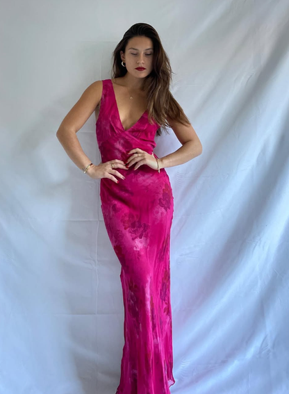 Pink Print Sheath V Neck Chiffon Long Prom Dress Evening Dress Outfits SH7251