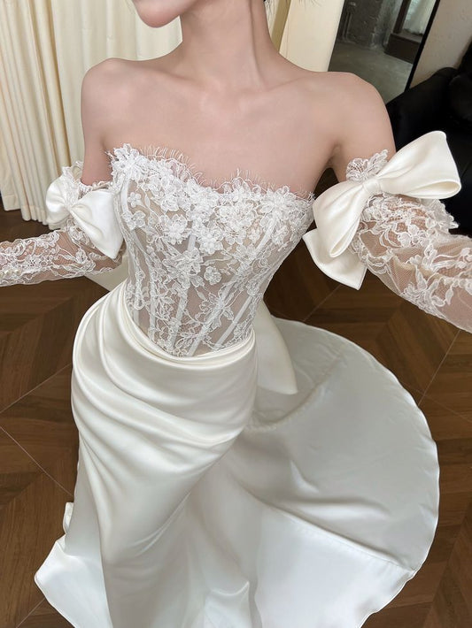 Pretty Mermaid Strapless Bow White Lace Satin Long Sweep Prom Dress Wedding Dress SH4646