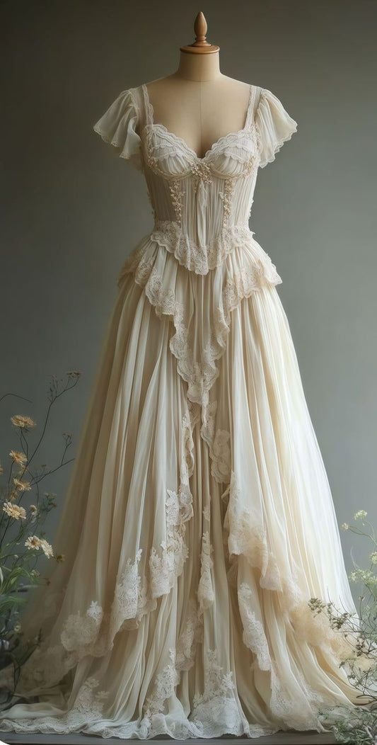 Vintage Ivory A Line Straps Lace Chiffon Prom Dress Evening Dress SH4206