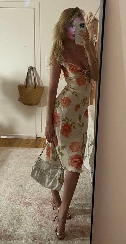 Gentle Sheath Straps Printed Floral Chiffon Tea Length Vacation Dress Outfits SH4517