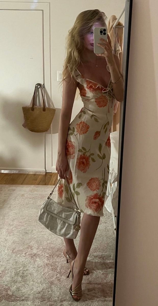Gentle Sheath Straps Printed Floral Chiffon Tea Length Vacation Dress Outfits SH4517