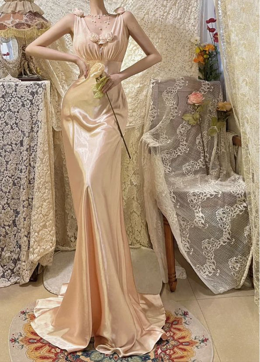 Sweet Pink 3D Rose A Line V Neck Satin Long Prom Dress Date Dress SH3931