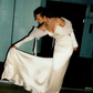 Vintage Simple Mermaid Long Sleeve White Satin Tulle Long Sweep Wedding Dress SH4939