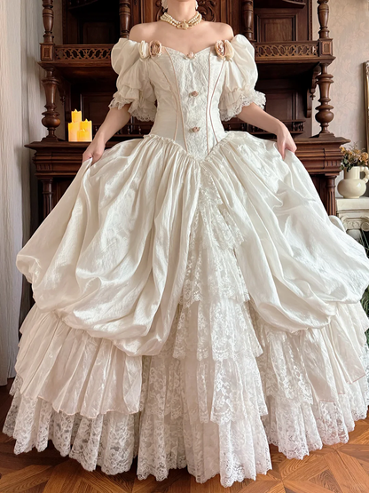 Vintage Retro Ball Gown Off the Shoulder Lace Satin Wedding Dress Prom Dress SH5883