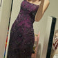 Retro Exquisite Sheath Spaghetti Strap Beaded Purple Satin Long Party Dress Evening Dress Date Dress SH3462