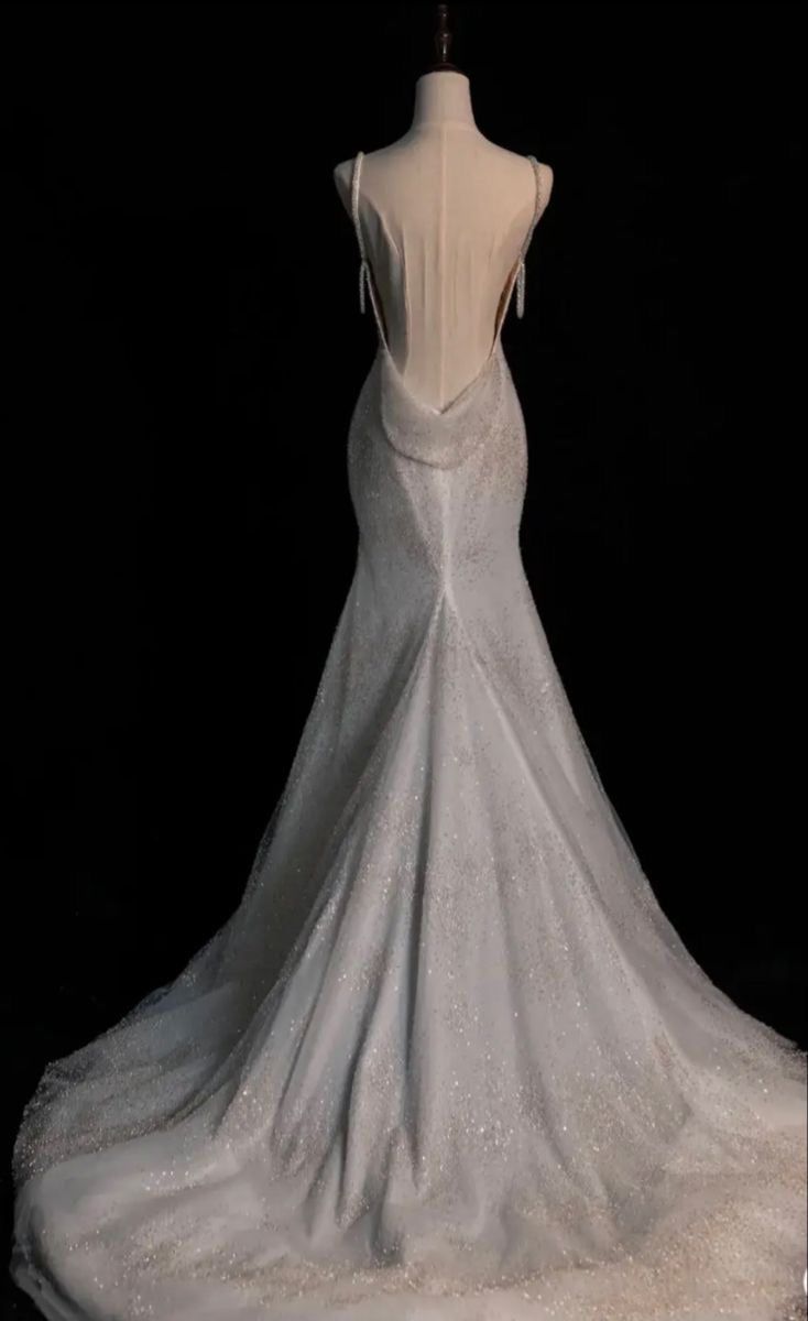 Elegant White Mermaid Spaghetti Straps Sequin Tulle Open Back Long Party Dress Date Dress SH3688