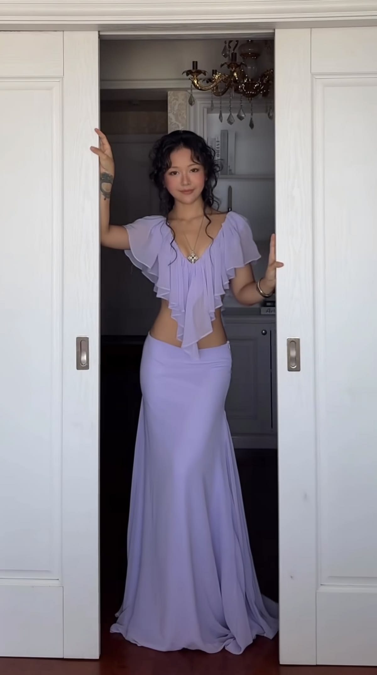 Two Piece A Line V Neck Purple Chiffon Long Prom Dress Evening Dress SH8813