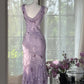 Gentle Retro Mermaid Straps Print Floral Purple Satin Prom Dress Formal Dress SH4021