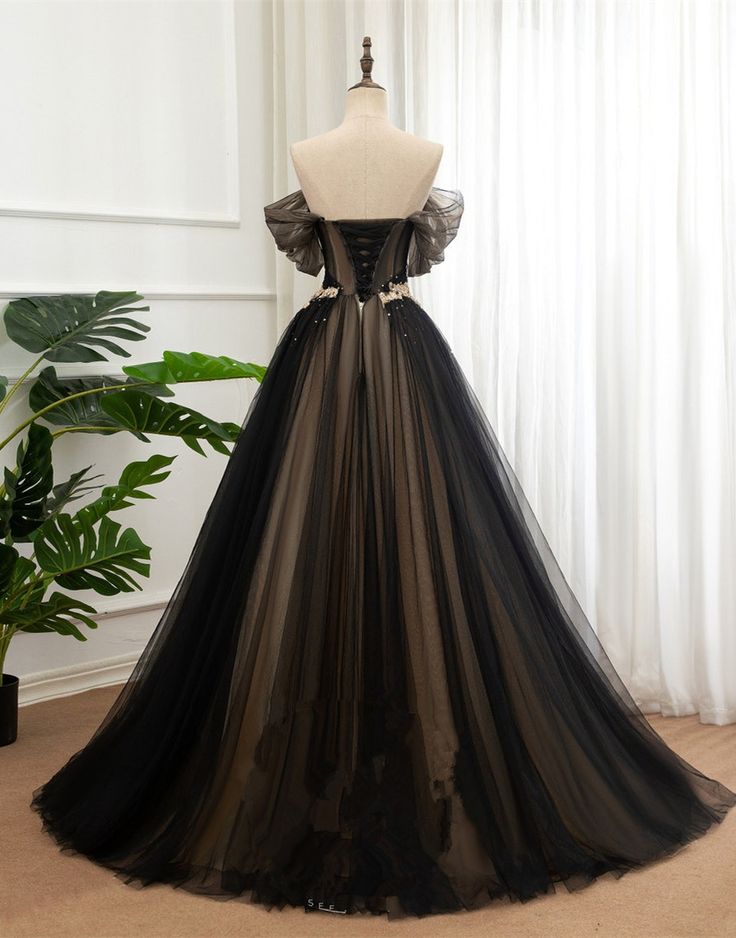 Black A Line Off the Shoulder Applique Tulle Long Formal Dress Prom Dress SH1828