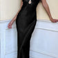Sexy Sheath Spaghetti Strap Black Satin Backless Long Prom Dress Evening Dress SH7196