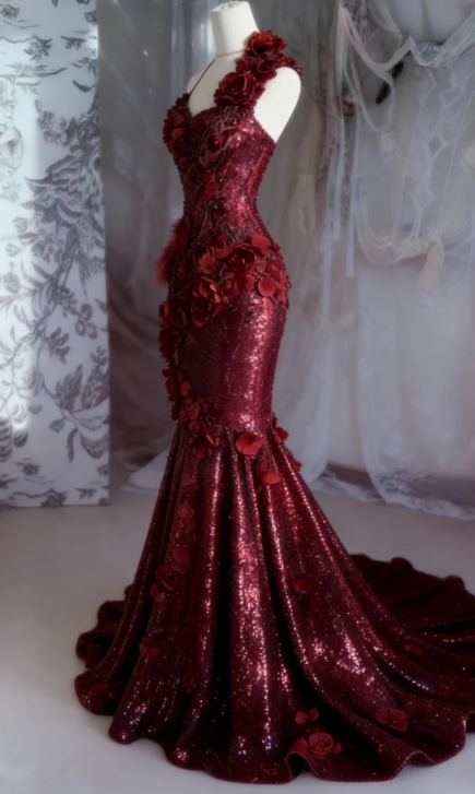 Shiny Burgundy Mermaid Halter Appliques Ruffle Sequin Long Prom Dress SH5426