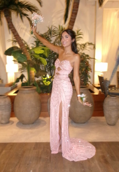 Gentle Light Pink Sheath Sweetheart Neck Beaded Tulle Prom Dress Evening Dress SH8996