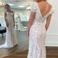 Ivory Square Neck Puff Sleeves Appliques Tulle Long Prom Dress SH1646