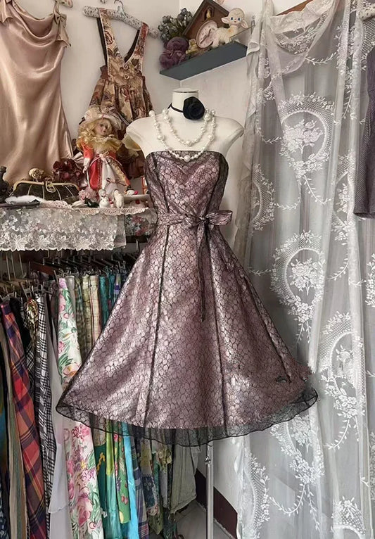 Grayish Pink A Line Strapless Lace Satin Short Prom Dress Homecoming Dress SH6475