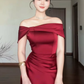 Elegant Sheath Off the Shoulder Burgundy Satin Long Prom Dress SH5294