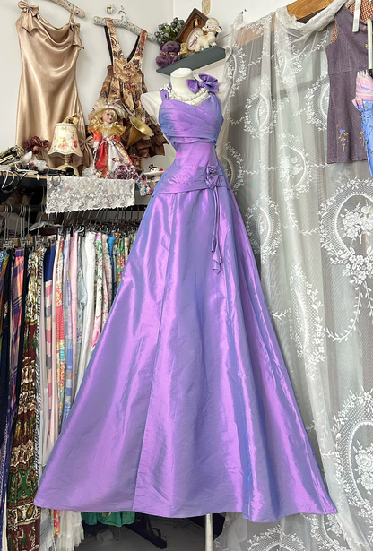 Vintage Romantic Purple A Line Spaghetti Strap Bow Satin Prom Dress Evening Dress SH5627