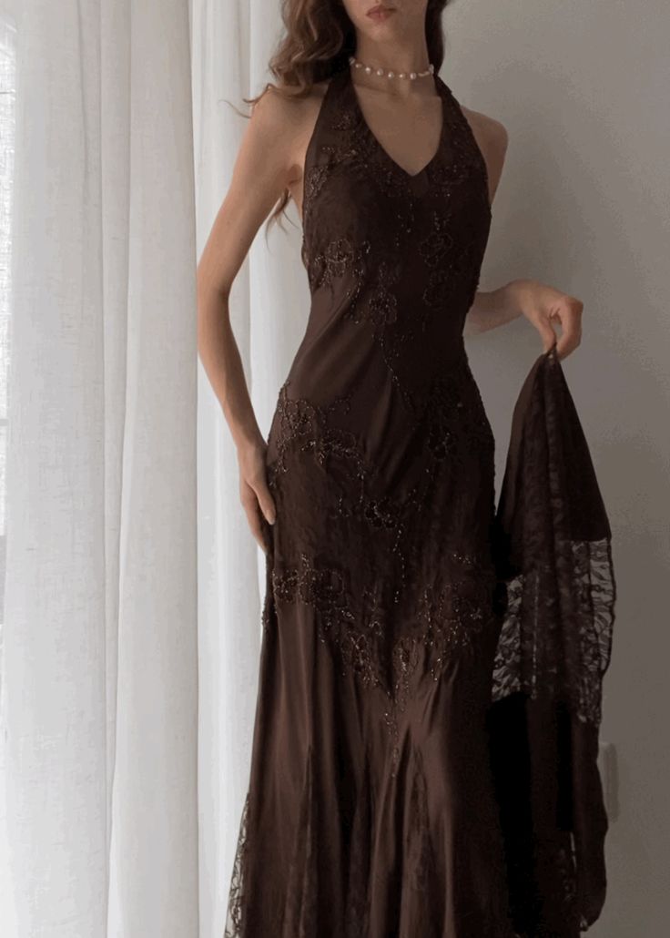 Vintage Mermaid Sleeveless Halter Brown Long Prom Dress SH1378