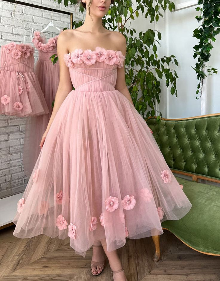 Beautiful Pink Princess Strapless Prom Dress with Flowers SH713