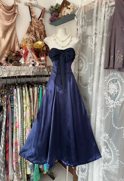 Navy Blue Vintage A Line Strapless Bow Chiffon Satin Graduation Prom Dress SH5377
