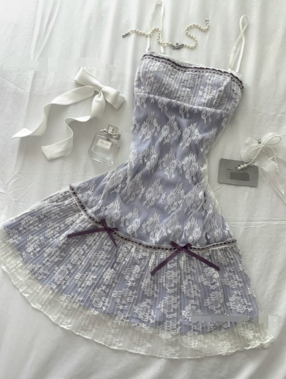 Unique A Line Spaghetti Strap White Lace Lilac Satin Short Prom Dress Homecoming Dress SH7997