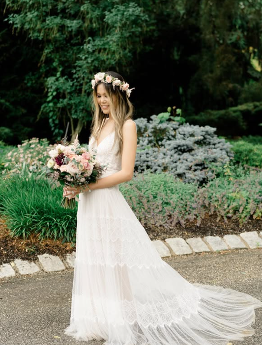 Pretty A Line Spaghetti Strap White Lace Tulle Long Prom Dress Wedding Dress SH4706