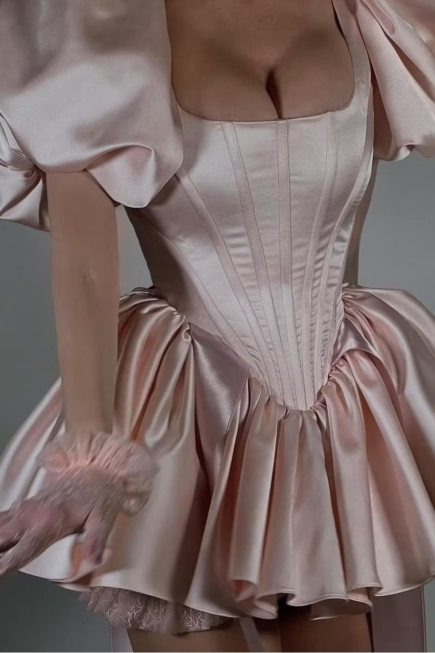 Amazing Pink Satin Square Neck Puff Sleeves Slim Short Prom Dress with Ruffles SH7515