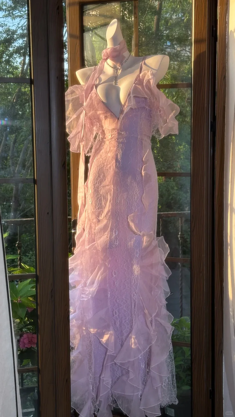 Lilac Romantic Lace Elegant Long Chiffon Ball Gown Party Dress Date Dress SH3431