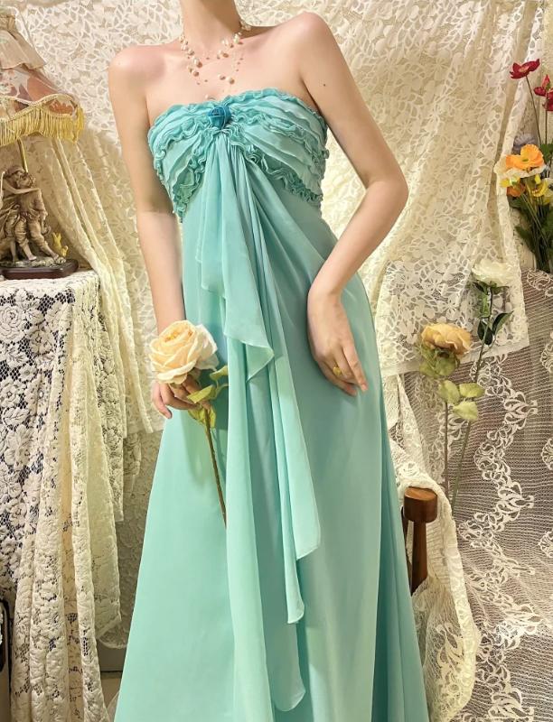 Gentle Blue A Line One Shoulder Ruffle Chiffon Long Prom Dresses SH4631