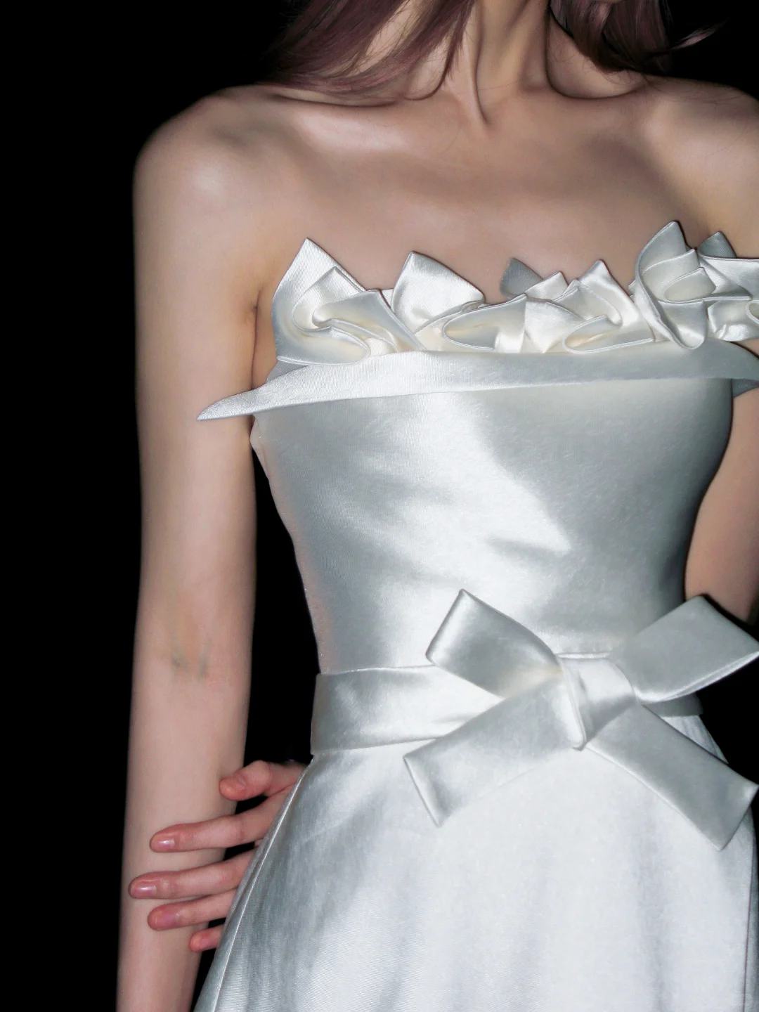 Elegant White Bow A Line Strapless Satin Long Wedding Dress SH4711