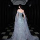 Shiny Exquisite Beaded A Line Off the Shoulder Grey Tulle Long Evening Dress Ball Gown SH3488