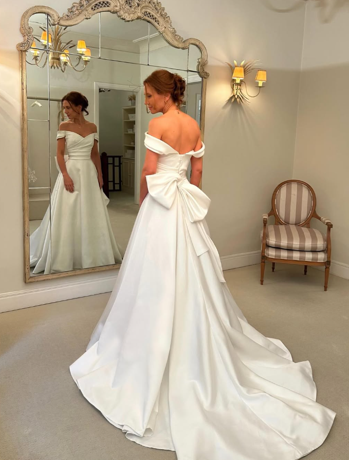 Elegant Bow A Line Off the Shoulder White Satin Long Wedding Dress SH5308