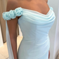 Baby Blue Sheath Off the Shoulder Floral Chiffon Satin Prom Dress SH5546