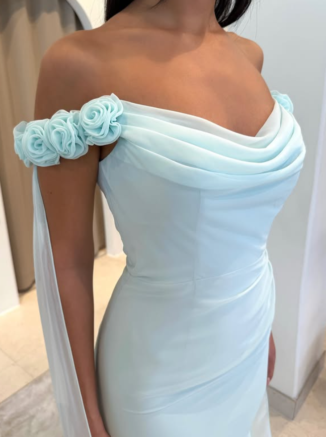 Baby Blue Sheath Off the Shoulder Floral Chiffon Satin Prom Dress SH5546
