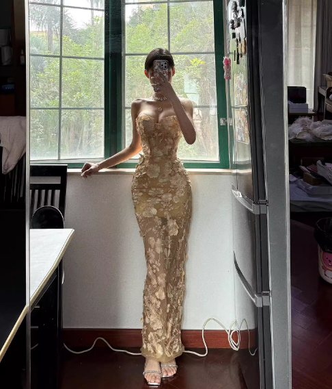 Champagne Sheath Strapless Appliques Tulle Long Party Dress Evening Dress SH3131