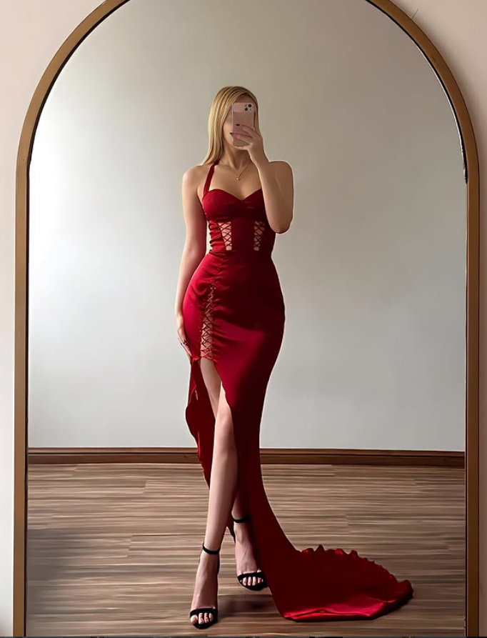 Vintage Sexy Sheath Halter Red Satin Prom Dress Evening Dress with High Slit SH6980