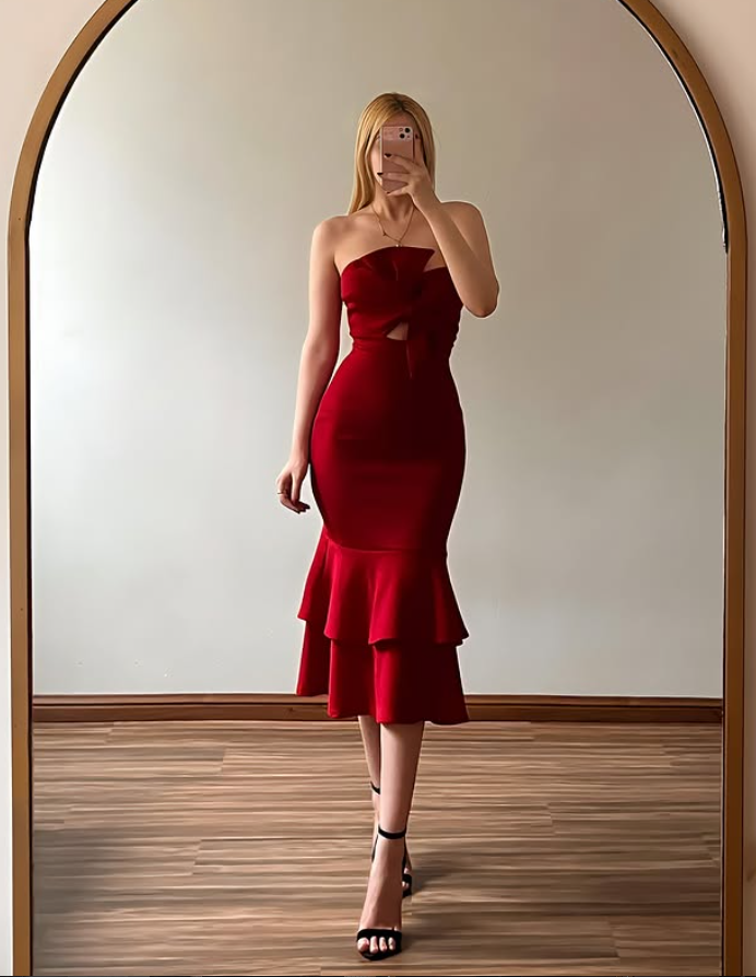 Vintage Red Mermaid Strapless Layered Satin Prom Dress Evening Dress SH6983
