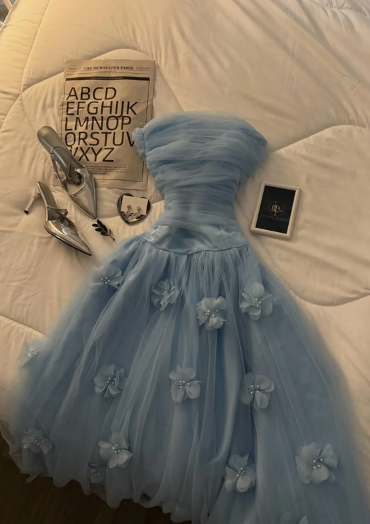 Blue A Line Strapless Simple Floral Tulle Prom Dress Evening Dress SH5528