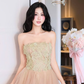 Khaki A Line Strapless Lace Tulle Short Homecoming Dress SH4786