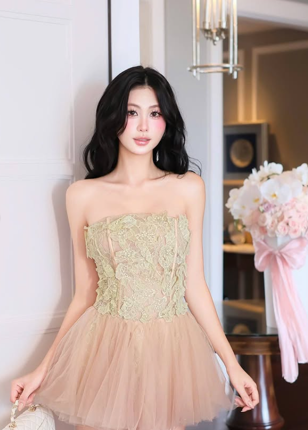 Khaki A Line Strapless Lace Tulle Short Homecoming Dress SH4786