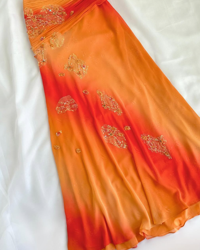 Two Piece Orange Ombre Appliques Lace Chiffon Prom Dress Evening Party Gowns SH3534