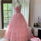 Cute A Line Sweetheart Neck Pink Layered Lace Tulle Long Party Dress Birthday Dress SH2941