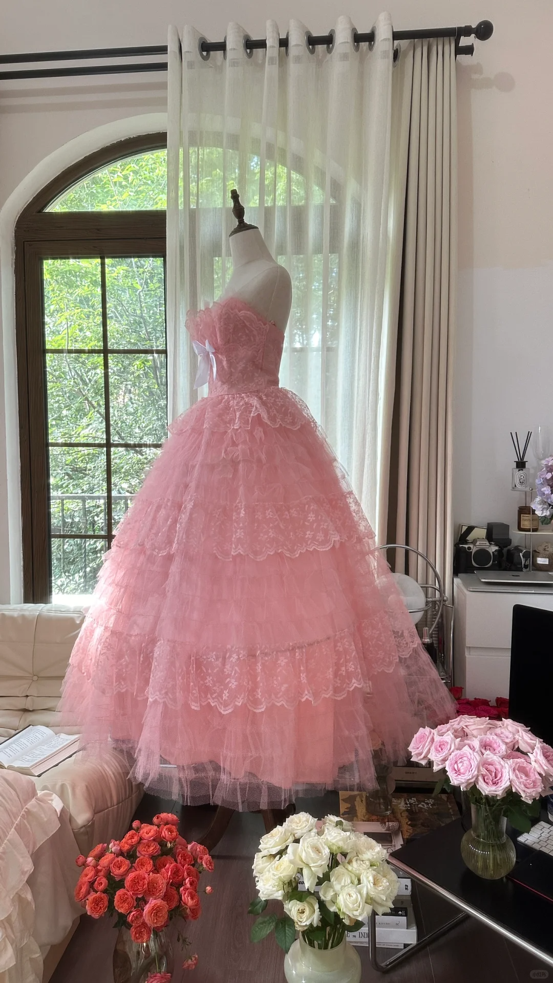 Cute A Line Sweetheart Neck Pink Layered Lace Tulle Long Party Dress Birthday Dress SH2941