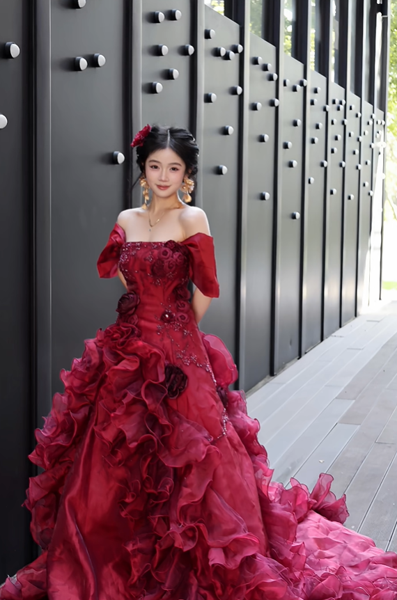 Burgundy Ball Gown Off the Shoulder Beaded Floral Organza Graduation Ball Gown 18th Birthday Dress SH4982