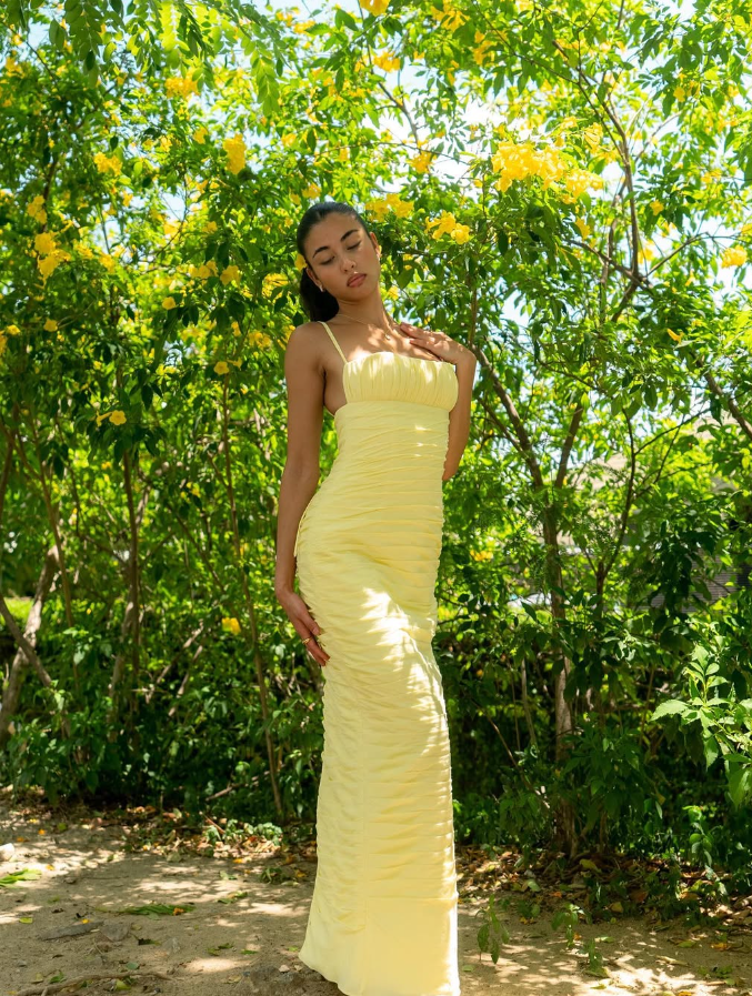 Elegant Sheath Spaghetti Strap Yellow Satin Long Prom Dress Evening Dress SH2309