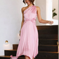 Elegant A Line One Shoulder Pleated Pink Satin Bridesmaid Dress Evening Dress SH3055