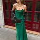 Simple Emerald Green A Line Spaghetti Strap Satin Open Back Prom Dress Wedding Guest Dress SH4452