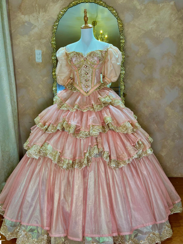 Pink Ball Gown Puff Layered Lace Beaded Satin Quinceanera Dresses SH4872